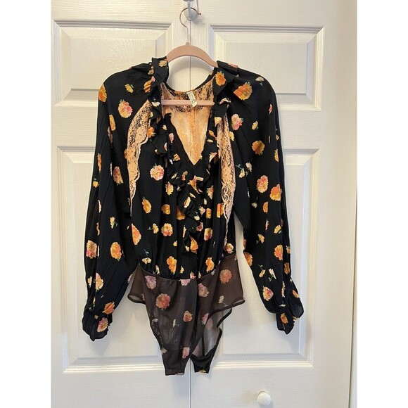 FREE PEOPLE Poppy Printed Black Combo Bodysuit TOP SIZE M MEDIUM NEW - Picture 3 of 8